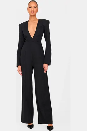 PRETTYLITTLETHING Woven Plunge Long Sleeve Straight Leg Jumpsuit