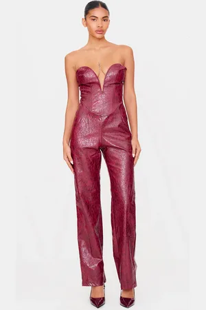 PRETTYLITTLETHING Croc Faux Leather Bandeau Plunge Straight Leg Jumpsuit