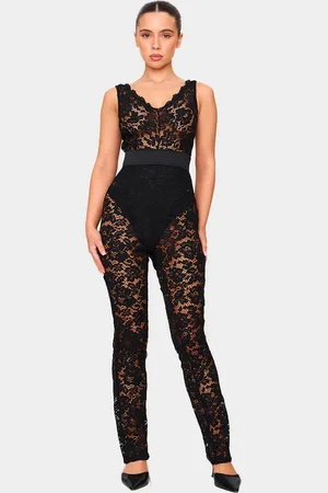 PRETTYLITTLETHING Petite Lace Ribbon Detail Straight Leg Jumpsuit
