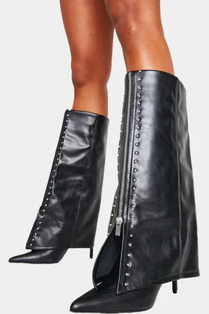 PRETTYLITTLETHING PU Point Toe Silver Stud Fold Over High Stiletto Heeled Boots