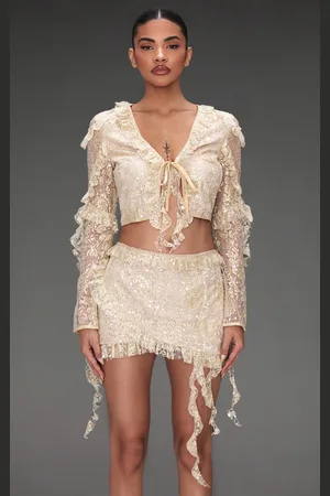 PRETTYLITTLETHING Sequin Lace Ruffle Detail Tie Front Blouse