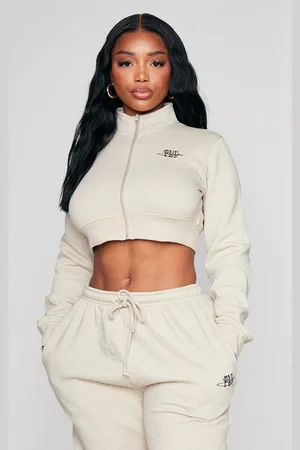PRETTYLITTLETHING Shape Cropped Embroidered Detail Zip Sweatshirt