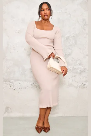 PRETTYLITTLETHING Plus Rib Knit Piquet Hem Midi Dress