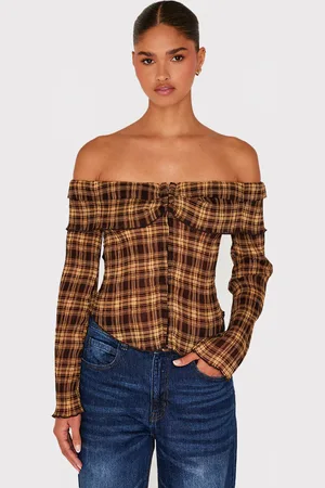 PRETTYLITTLETHING Plisse Chiffon Check Bardot Blouse