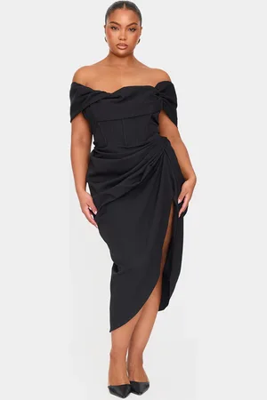 PRETTYLITTLETHING Plus Corset Bardot Draped Midi Dress