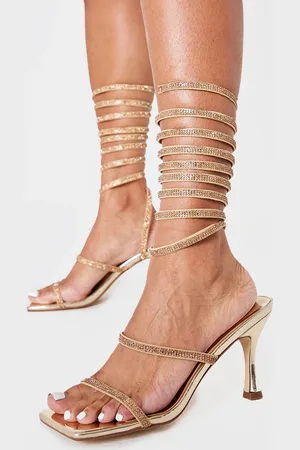 PRETTYLITTLETHING PU Square Toe Diamante Spiral Mid Stiletto Heeled Sandals