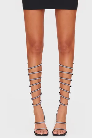 PRETTYLITTLETHING PU Square Toe Diamante Spiral Mid Stiletto Heeled Sandals