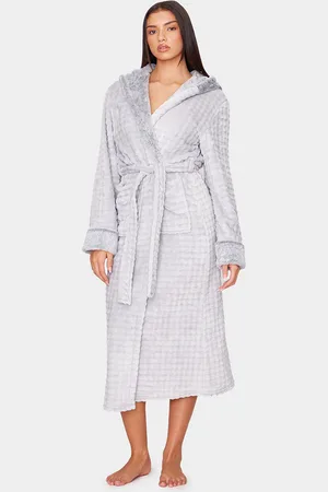 PRETTYLITTLETHING Stripe Faux Fur Trim Hooded Dressing Gown