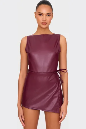 PRETTYLITTLETHING Faux Leather Boat Neck Wrap Front Playsuit