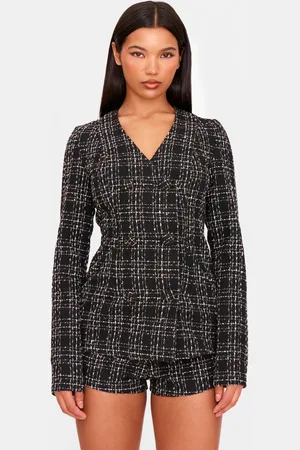 PRETTYLITTLETHING Tweed Long Sleeve Playsuit