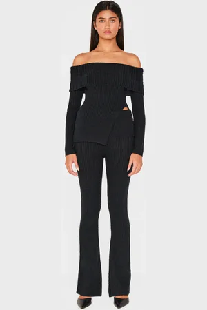 PRETTYLITTLETHING Flared Leg Knitted Fold Over Waist Pants