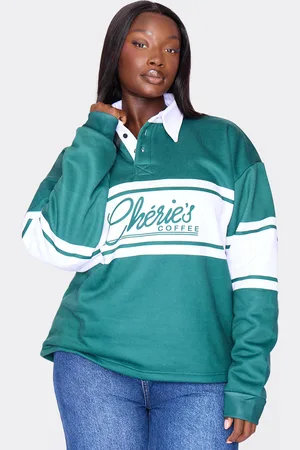 PRETTYLITTLETHING Plus Striped Graphic Varsity Collared Sweatshirt