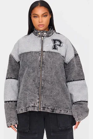 PRETTYLITTLETHING Plus Oversized Denim Varsity Bomber Jacket