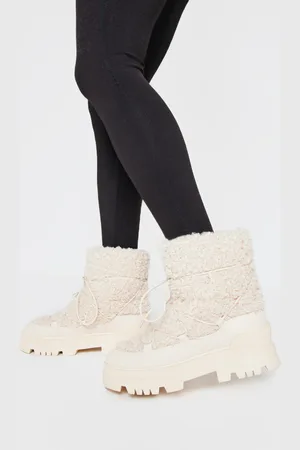 PRETTYLITTLETHING Borg Round Toe Chunky Sole Ankle Boots