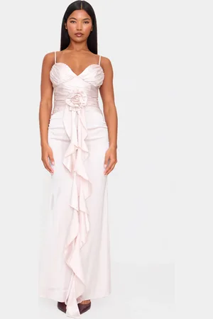 PRETTYLITTLETHING Satin Corsage Detail Strappy Maxi Dress