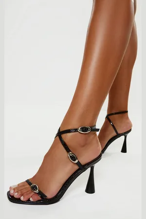 PRETTYLITTLETHING Croc PU Round Toe Silver Buckle Cross Strap Detail Heeled Sandals