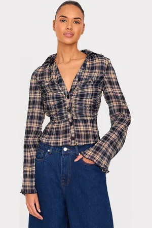 PRETTYLITTLETHING Plisse Chiffon Check Blouse