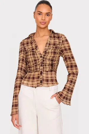 PRETTYLITTLETHING Plisse Chiffon Check Blouse