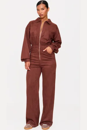 PRETTYLITTLETHING Faux Suede Long Sleeve Straight Leg Jumpsuit