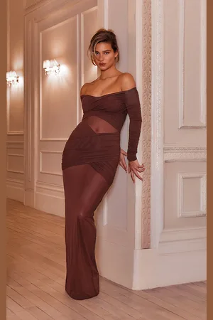 PRETTYLITTLETHING Chocolate Brown Mesh Bardot Layered Ruched Maxi Dress