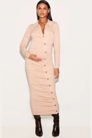 PRETTYLITTLETHING Maternity Knitted Asymmetric Buttons Ruched Bump Midi Dress