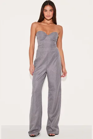 PRETTYLITTLETHING Pinstripe Bandeau Corset Straight Leg Jumpsuit