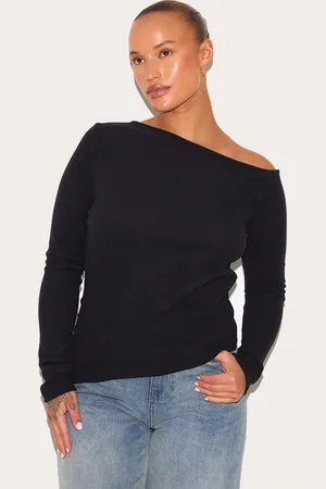 PRETTYLITTLETHING Plus Bardot Soft Touch Rib Long Sleeve Top