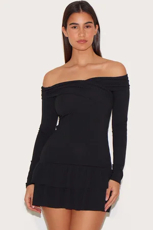 PRETTYLITTLETHING Ribbed Bardot Cross Over Bust Detail Shift Dress