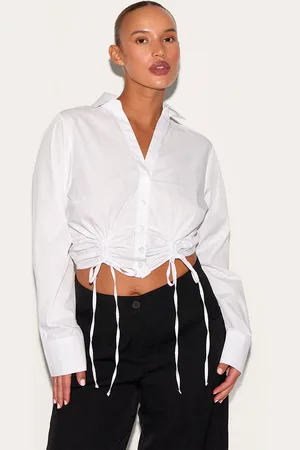 PRETTYLITTLETHING Plus Gathered Tie Detail Long Sleeve Cropped Shirt