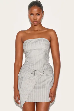 PRETTYLITTLETHING Pinstripe Bandeau Belted Pocket Detail Shift Dress