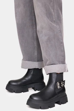 PRETTYLITTLETHING PU Round Toe Silver Buckle Chunky Sole Ankle Boots