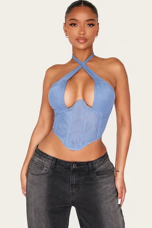 PRETTYLITTLETHING Shape Double Layered Mesh Tie Neck Corset Top