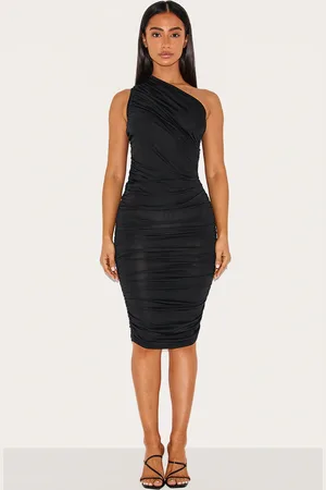 PRETTYLITTLETHING Petite Slinky Ruched One Shoulder Longline Midi Dr