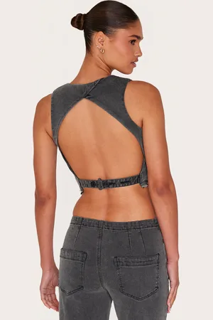 PRETTYLITTLETHING Raw Hem Cut Out Back Denim Waistcoat