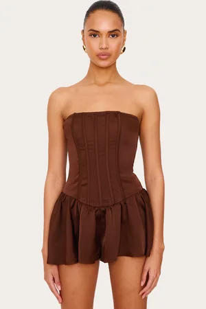 PRETTYLITTLETHING Satin Corset Detail Bandeau Playsuit