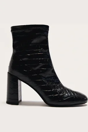 PRETTYLITTLETHING Croc Pu Round Toe Heeled Ankle Sock Boots