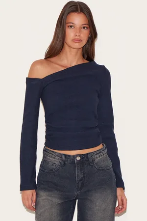PRETTYLITTLETHING Rib Slouchy Asymmetric Ruched Long Sleeve Top