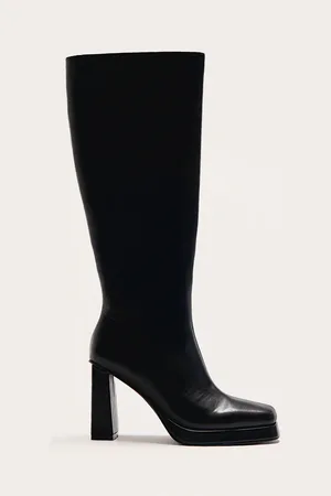 PRETTYLITTLETHING PU Square Toe Slight Platform Knee High Heeled Boots