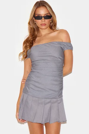 PRETTYLITTLETHING Bardot Ruched Detail Pleated Shift Dress