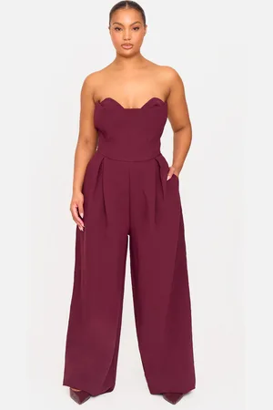 PRETTYLITTLETHING Plus Burgundy Corset Bust Detail Wide Leg Tailored Jumpsuit