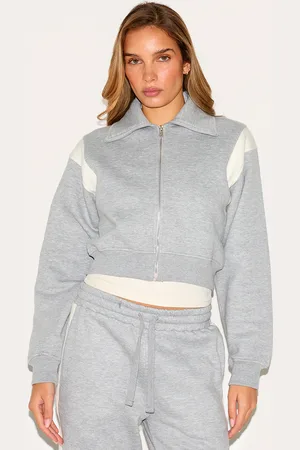 PRETTYLITTLETHING Contrast Panel Zip Through Collared Sweatshirt