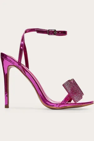 PRETTYLITTLETHING Metallic PU Round Toe Diamante Bow Heeled Sandals