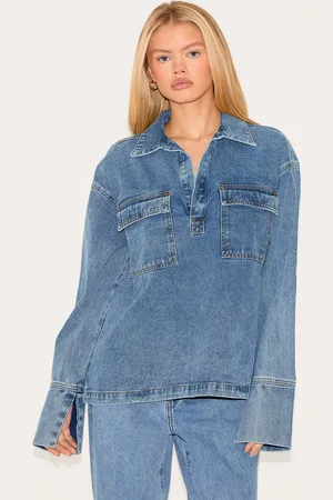 PRETTYLITTLETHING Vintage Blue Long Sleeve Slouchy Denim Rugby Shirt