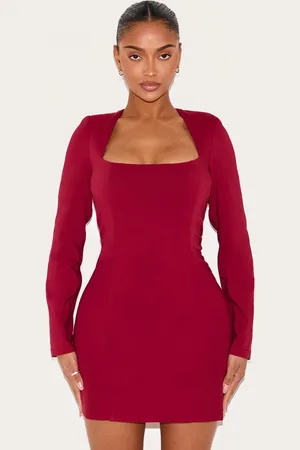PRETTYLITTLETHING Shape Stretch Woven Square Neck Long Sleeve Ruched Waist Mini Dress