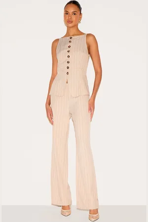 PRETTYLITTLETHING Pinstripe Linen Button Down Peplum Hem Jumpsuit
