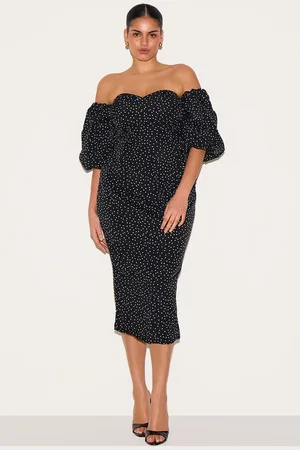 PRETTYLITTLETHING Plus Polka Dot Bandeau Puff Sleeve Midi Dress