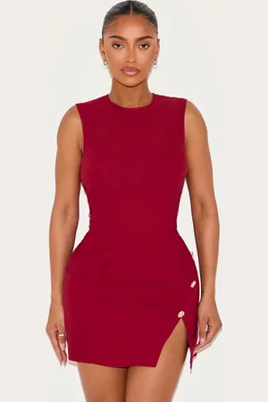 PRETTYLITTLETHING Shape Stretch Woven Boat Neck Side Split Hammered Button Mini Dress
