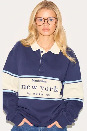 PRETTYLITTLETHING Premium Contrast Collar New York Embroidered Sweatshirt