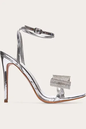 PRETTYLITTLETHING PU Round Toe Diamante Bow Heeled Sandals