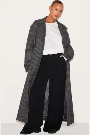 PRETTYLITTLETHING Plus Pinstripe Wool Look Double Breasted Belted Coat